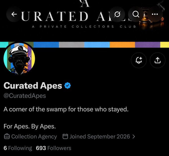 The image shows the Twitter profile of @CuratedApes, a private collectors club with the verified "Curated Apes" account displaying the tagline "A corner of the swamp for those who stayed" and "For Apes. By Apes." The profile, which joined September 2026, has 693 followers and features distinctive branding with a cigar-smoking ape avatar—matching the post's description of its cigars, bourbon, and black aesthetic aimed at dedicated NFT collectors.