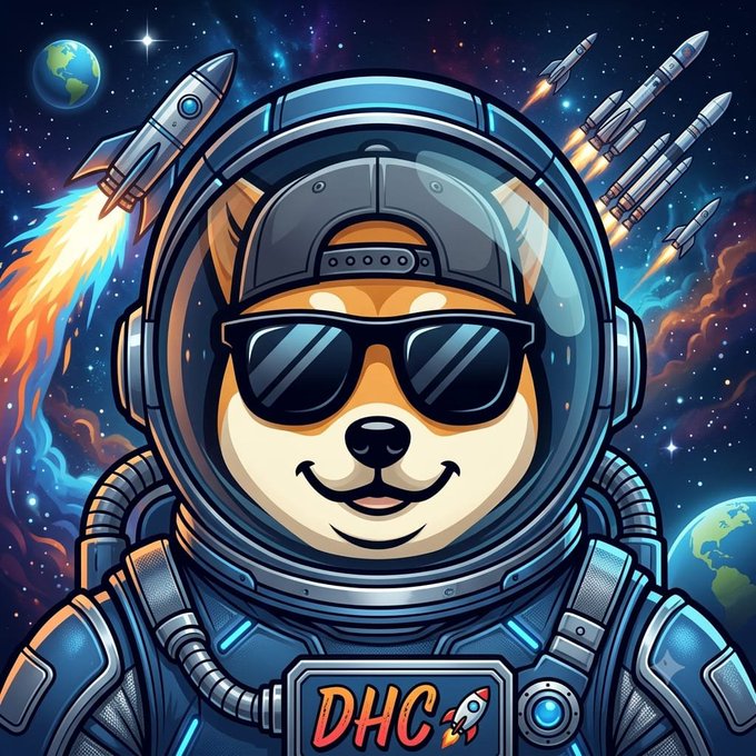 A cartoon-style illustration of a Shiba Inu dog wearing a space helmet, sunglasses, and a backwards cap, with 'DHC' and a rocket logo on its chest, set against a space background with rockets and planets.