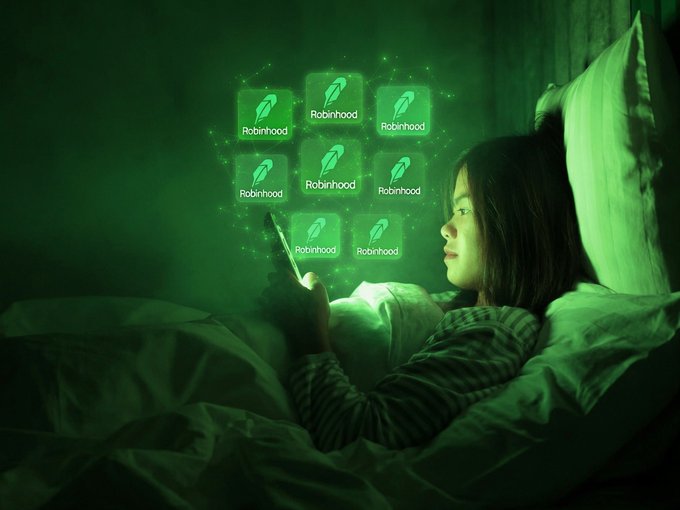 A woman lies in bed in a dark room, illuminated by the green glow of her phone screen, which displays a grid of "Robinhood" logos floating above her. The image visually echoes the post's gratitude toward "Robinhood Chain," with the repeated Robinhood branding suggesting the platform's supportive presence during a difficult period.