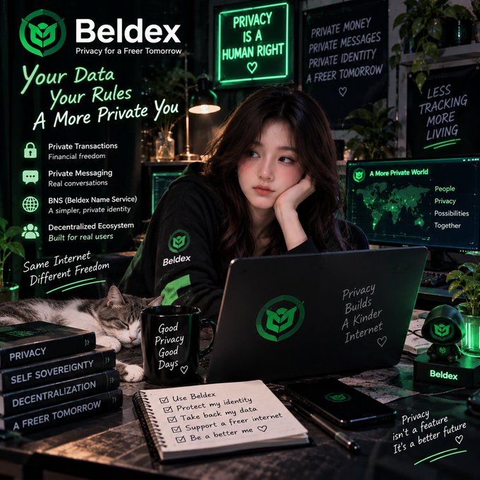 A promotional graphic for 'Beldex - Privacy for a Free Tomorrow' featuring a young woman with a Beldex-branded laptop, surrounded by marketing text highlighting private transactions, private messaging, BNS (Beldex Name Service), and a decentralized ecosystem with the tagline 'Your Data, Your Rules, A More Private You.'