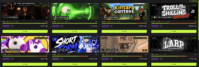 The image displays a Shillz app dashboard showcasing eight different "shilling" tasks—including titles like "The Occultist," "Kintara Content," "Trolling Shilling," and "Me Me"—each with view counts (ranging from ~26K to ~46K) and payment in SHILLZ tokens, illustrating how users can earn crypto by promoting content on X (formerly Twitter).