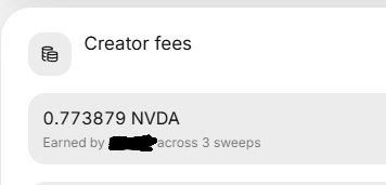 A creator fees dashboard shows earnings of 0.773879 NVDA across 3 sweeps. This relates to the post about discovering an old Friendtech wallet and receiving creator fees from a PONS token mint.