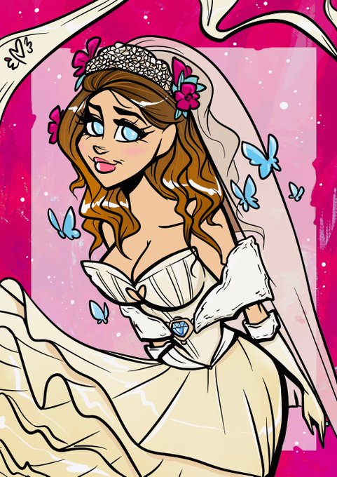 A digital illustration of a bride with brown wavy hair, a jeweled tiara with pink flowers, and a white off-shoulder gown adorned with a blue heart gem, set against a pink background with blue butterflies.