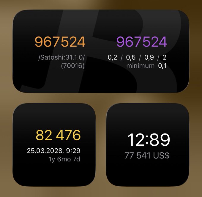 A smartwatch face displaying a Satoshi lottery result of '967524' alongside other tiles showing '82 476', a date of 25.03.2028, and a BTC/USD price of '77 541 US$'.