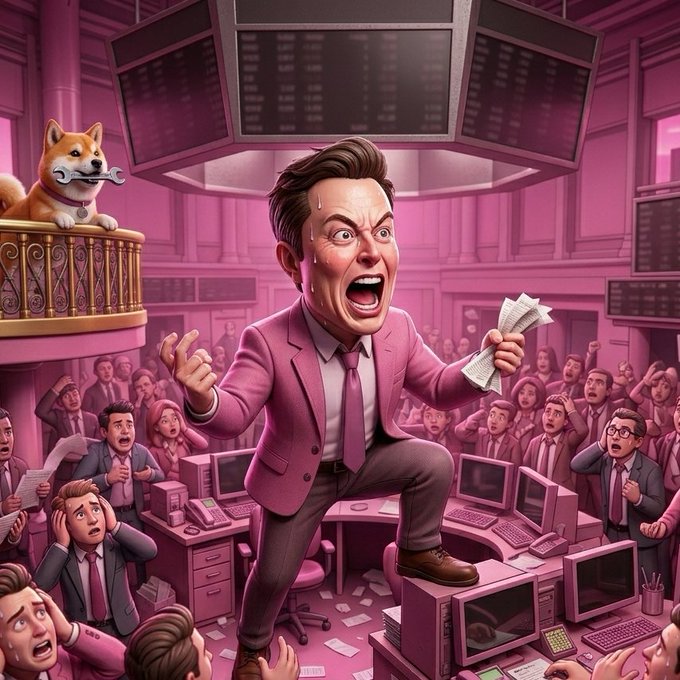 A frantic stock trader in a pink suit screams while clutching cash amid a chaotic trading floor full of panicked colleagues, with a Shiba Inu dog wearing a mustache watching from a balcony. The exaggerated, absurd market chaos visually reinforces the post's message that $BDEM remains indifferent to market volatility, mocking the panic of traditional traders.