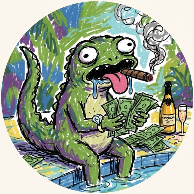 A cartoon illustration shows a green, crocodilian creature with bulging eyes smoking a cigar and holding stacks of cash and a diamond, sitting by a pool with a bottle labeled "CHAMPAGNE" and a glass beside it.