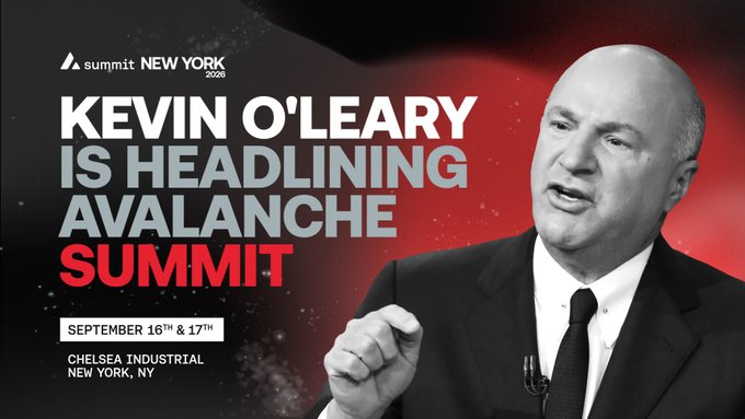 A promotional banner for Avalanche Summit NYC 2020 announces "KEVIN O'LEARY IS HEADLINING AVALANCHE SUMMIT" on September 16th & 17th at Chelsea Industrial in New York, NY, featuring a black-and-white photo of O'Leary in a suit against a red background. The graphic aligns with the post's announcement of Mr. Wonderful headlining the upcoming blockchain and business summit.