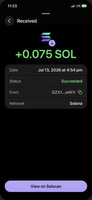 A mobile wallet screenshot showing a successful transaction receipt for +0.075 SOL received on Jul 13, 2026 at 4:54 pm on the Solana network, with a 'View on Solscan' button.