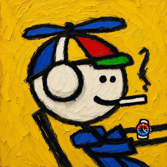 An impasto-style oil painting on a bright yellow background features a white smiling face with a propeller hat, smoking a cigarette, and wearing a blue shirt with a 'GOOD LUCK' poker chip badge.