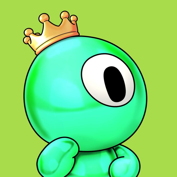 A cartoon illustration of a round green character wearing a gold crown against a green background.