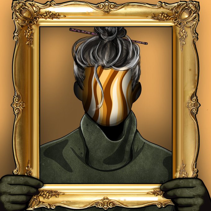 A surreal digital illustration of a figure holding an ornate gold frame that surrounds another figure with bacon strips covering where their face would be and hair styled in a bun with chopsticks.