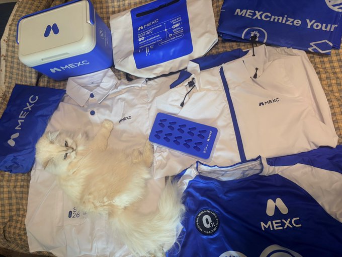 A flat lay of MEXC (cryptocurrency exchange) branded merchandise including white shirts, blue jackets, bags, and a cooler box, with a fluffy white cat lying in the center.