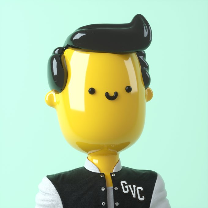 A cheerful 3D-rendered yellow character with black hair and a varsity jacket featuring "GVC" on the chest, representing the Good Vibes Club NFT #414. The image visually aligns with the post's mention of joining the @GoodVibesClub community and welcoming "GVC #414" into Vibetown.