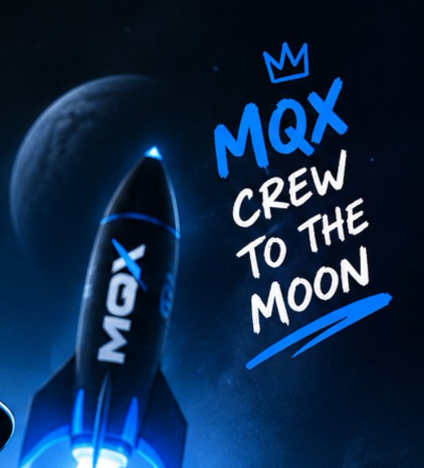 A stylized illustration shows a blue rocket emblazoned with 'MQX' launching towards a moon, accompanied by the graffiti-style text 'MQX CREW TO THE MOON'.