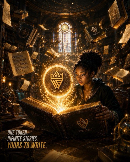 A promotional image for TIWICAT showing a woman reading a magical glowing book in an ornate library, with the tagline 'ONE TOKEN. INFINITE STORIES. YOURS TO WRITE.'