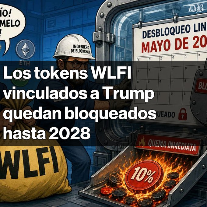 A digital illustration showing an engineer with a 'INGENIERO DE BLOCKCHAIN' helmet near a bag of 'WLFI' tokens and a calendar reading 'DESBLOQUEO LINEA MAYO DE 20', with Spanish text: 'Los tokens WLFI vinculados a Trump quedan bloqueados hasta 2028'.