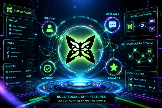 The image features a vibrant and colorful poster for Quip network that showcases their platform's features and benefits. The poster displays various elements such as a butterfly, a star, and a circle with different icons representing social media platforms like Facebook, Instagram, Twitter, and more. The text on the poster highlights the importance of building a strong online community through social media and how it can help shape the future by connecting people and fostering engagement.