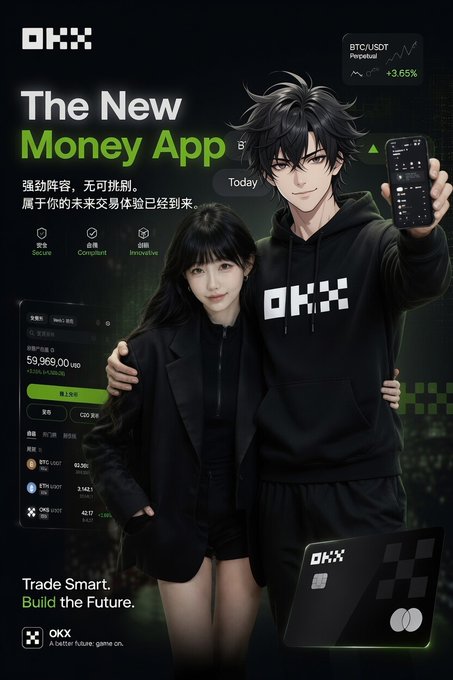 A stylized OKX cryptocurrency exchange advertisement featuring an anime-style couple in black streetwear, with the man displaying the OKX app showing BTC/USDT Perpetual at +3.65% and a portfolio worth $233,549,210.50, alongside promotional text "The New Money App" and the tagline "Trade Smart. Build the Future." The image visually reinforces the post's message about OKX's trustworthy, multi-jurisdictional licensing (EU, US, Singapore, Dubai, Australia) and segregated asset protection, presenting the platform as a secure, reliable way to store crypto funds.