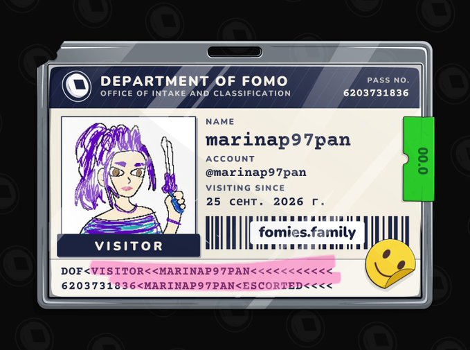 A digital ID badge from the 'DEPARTMENT OF FOMO' features a hand-drawn portrait of a girl with purple hair holding scissors, the name 'marinap97pan', account '@marinap97pan', and a visitor status for 'fomies.family' with pass number 6203731836.