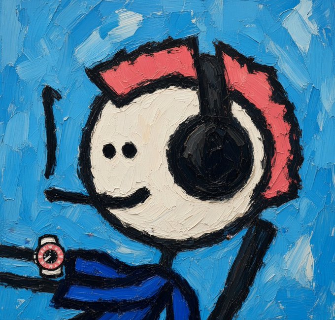 A textured oil painting depicting a stylized, cartoonish figure with a large white eye (pupil looking left), a single black eye, red cat-ear-like shapes on top of the head, and a blue scarf, holding what appears to be a wristwatch against a bright blue background.