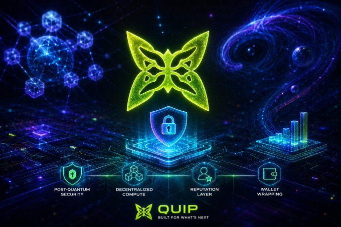 The image features a futuristic scene set against a dark blue background with neon lights. The main focus of the image is a butterfly-shaped symbol surrounded by various security icons such as a lock, a shield, and a wallet icon. These symbols are associated with the Quip network, which is known for its innovative approach to security and computing. The butterfly symbol represents the concept of decentralization in the context of blockchain technology, while the other security icons signify different aspects of the network's security measures.