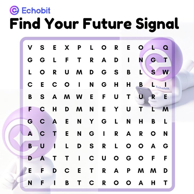 Echobit Exchange promotional word search puzzle titled "Find Your Future Signal" featuring a grid of letters and 3D purple/white graphics, where participants can win a share of 30 USDT by following @EchobitExchange and commenting with answers plus their Echobit UID between August 14–21.