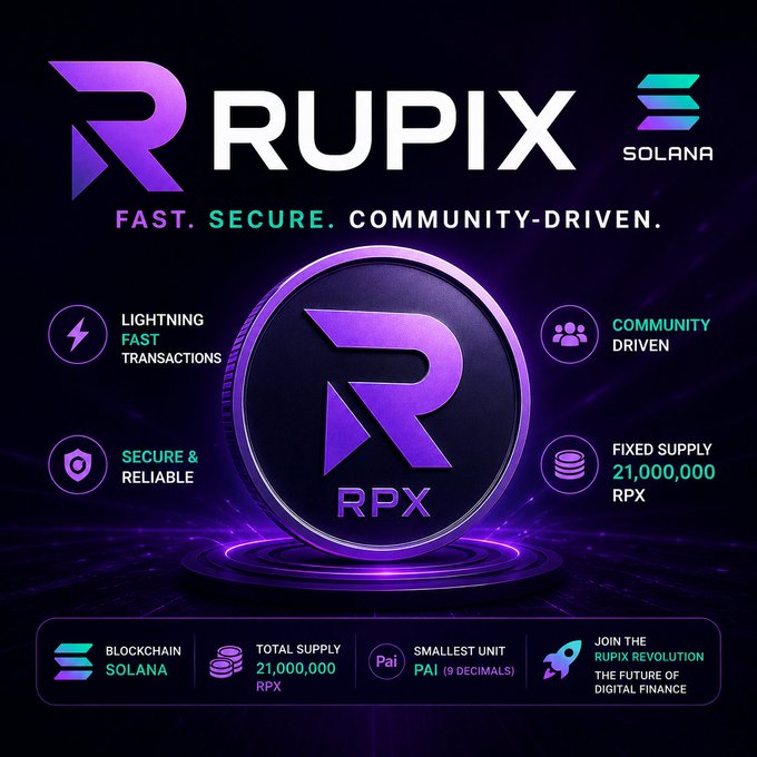 The image features a purple logo for Rupix, an Ethereum-based cryptocurrency platform that focuses on community-driven digital finance solutions. The text "Rupix" is displayed above the logo, indicating the name of the company or project behind the platform. Below the logo, there are several bullet points explaining what Rupix does and how it operates. These bullet points provide information about the platform's purpose, features, and benefits for users.