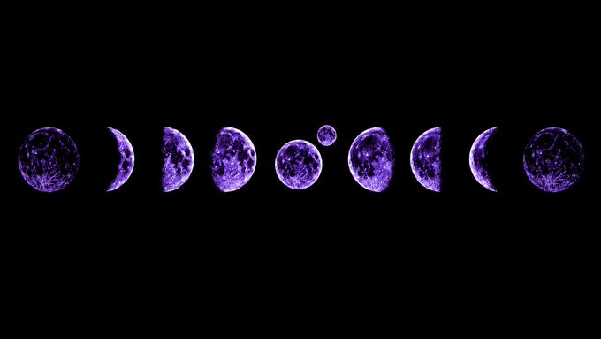 A sequence of purple moon phases lined up against a black background, visually echoing the "MoonPay phase" theme with a lunar cycle spelling out the word's vibe through celestial imagery.