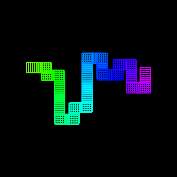 A vibrant digital artwork titled "Chromie Squiggle" displays a pixelated, snake-like form composed of grid-patterned blocks in a gradient from green through blue to magenta, set against a black background—showcasing the prized "Chrome and Rainbow Spectrum" traits highlighted in the caption.