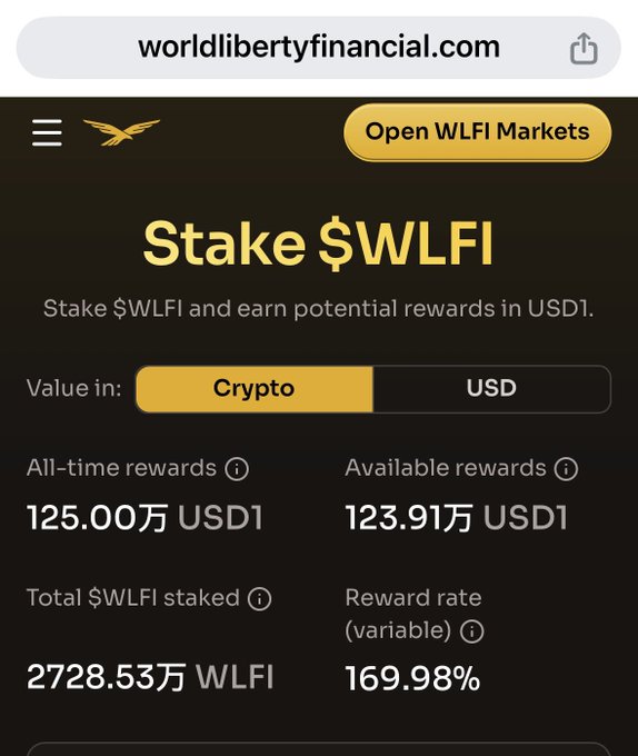 A mobile screenshot of worldlibertyfinancial.com showing a 'Stake $WLFI' page with all-time rewards of 125.00万 USD1, available rewards of 123.91万 USD1, total staked of 2728.53万 WLFI, and a reward rate of 169.98%.