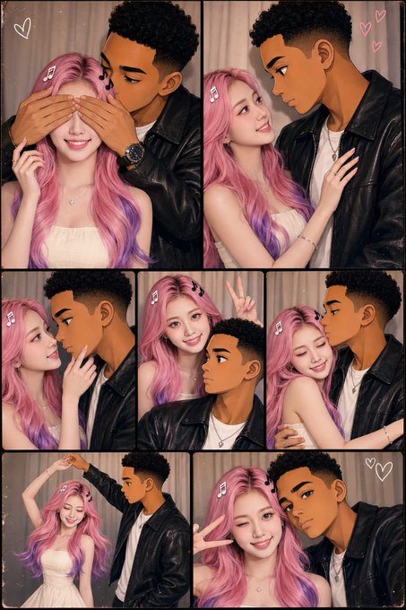 The image features a collage of photos depicting a man and woman posing together, possibly at a photo booth or during a special moment. The couple appears to be in love, with the man wearing a black jacket and the woman dressed in pink. There are multiple instances of them holding hands, hugging each other, and smiling for the camera. 

The post also includes text that reads "Photo booth moments with @rumionsolana Some pictures are too good to stay in the camera roll." This suggests that there might be a collection of these photos or moments captured from the photo booth, which could be used as part of an album or a series on social media.