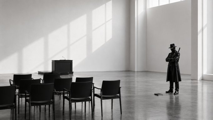 A black and white photograph of a lone figure in a long coat and hat holding what appears to be a rifle, standing in a large empty room with rows of chairs.