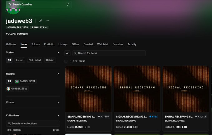 The image shows an OpenSea profile for "jaduweb3" displaying 1,321 items with three highlighted NFTs from the "SIGNAL RECEIVING" collection, each listed at 0.008 ETH. The post requests @adamilenich to purchase three specific items (#3251, #3252, #3253) which correspond to three identical "SIGNAL RECEIVING" NFTs priced at Ξ2,395, Ξ2,723, and Ξ2,113 respectively, as advertised in this collection.