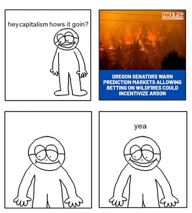 A four-panel comic meme asking 'hey capitalism how it goin?' above a news headline from FOX 12 OREGON reading 'OREGON SENATORS WARN PREDICTION MARKETS ALLOWING BETTING ON WILDFIRES COULD INCENTIVIZE ARSON', with the character responding 'yea' over images of wildfires.