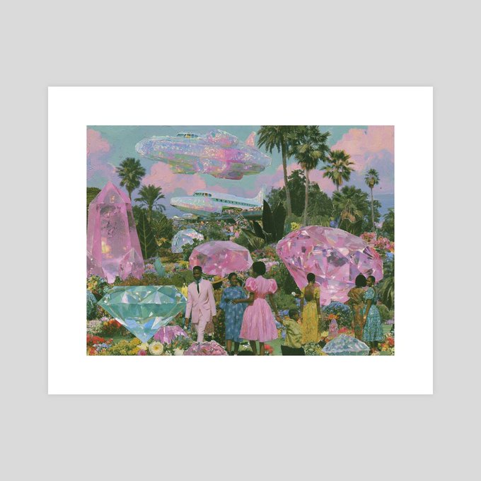 A surreal digital artwork showing people in a garden surrounded by giant pink diamonds, with a UFO in the pastel sky above.