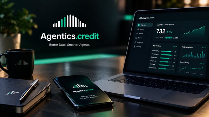 A promotional setup for Agentics.credit displays the tagline "Better Data. Smarter Agents." alongside a laptop showing an Agentics Credit Score of 732 (+12) with metrics for consistency, drawdown, longevity, win rate, and Sharpe ratio, with the matching logo also visible on a smartphone and mug—visually reinforcing the post's point that the service measures how an agent behaves through key performance metrics rather than predicting profits.