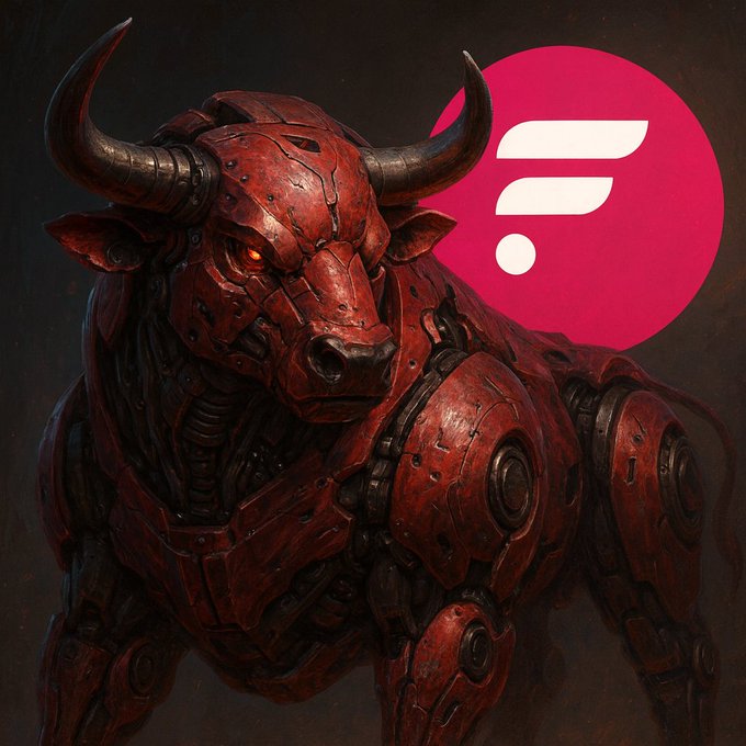 A menacing mechanical bull with red armor and glowing orange eyes stands beside a pink "F" logo, symbolizing strength and bullish momentum for the $FLR cryptocurrency token referenced in the post.