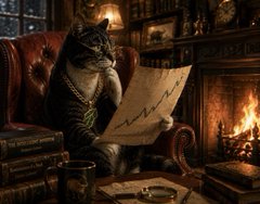 An AI-generated image shows a tabby cat dressed as a medieval scholar, wearing a dark robe with a gold medallion, seated in a leather chair and reading a scroll in a dimly lit, firelit study.