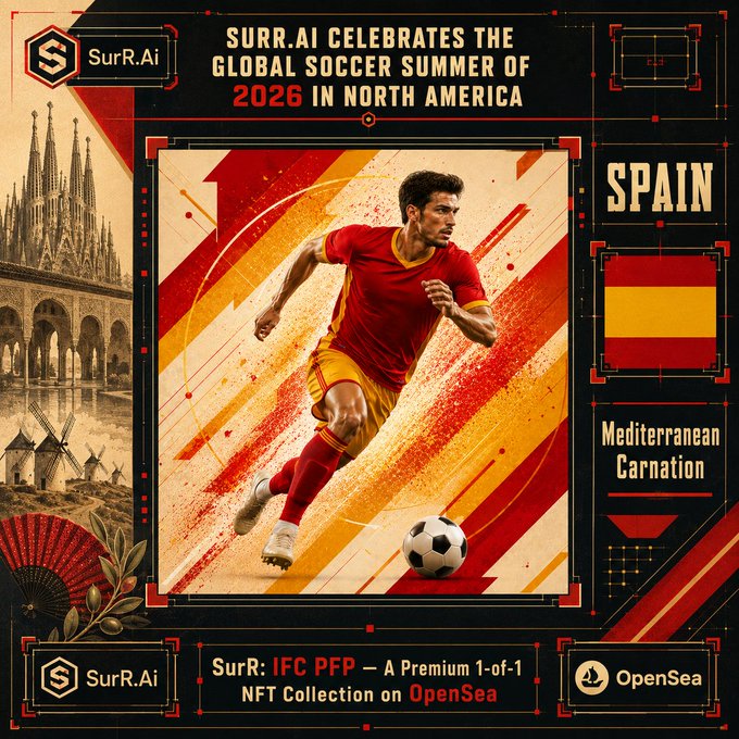 A promotional poster for SurR.Ai celebrating the 'GLOBAL SOCCER SUMMER OF 2026 IN NORTH AMERICA', featuring a Spanish soccer player, the Spain flag, and text for 'SurR: IFC PFP — A Premium 1-of-1 NFT Collection on OpenSea'.