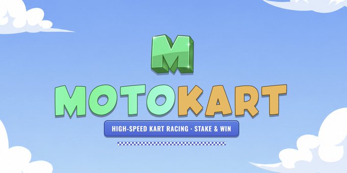 A colorful logo for 'MOTOKART' featuring a green 'M' block above the text, with 'HIGH-SPEED KART RACING • STAKE & WIN' underneath, set against a blue sky background.