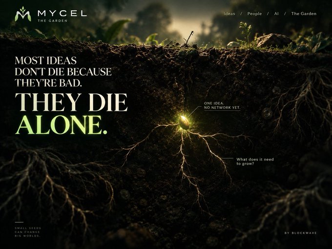 A website banner for MYCEL THE GARDEN by Blockwave with the tagline 'MOST IDEAS DON'T DIE BECAUSE THEY'RE BAD. THEY DIE ALONE.' featuring an image of a glowing seed sprouting underground.