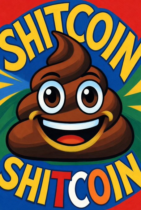 The image features a cartoon bull's face that says "shitcoin" written in red letters, with an image of the same brown bull painted above it, adding humor to the design. The post also includes some text about cryptocurrency, discussing its current market value, which is around $112k, and its potential to reach $1 billion or more in a few years, as well as referring to it as the "real and OG shitcoin".