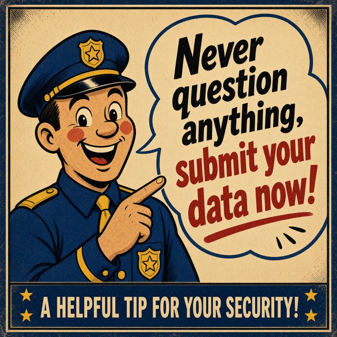 A retro-style propaganda poster featuring a cheerful cartoon police officer pointing at a speech bubble that reads 'Never question anything, submit your data now!' with 'A HELPFUL TIP FOR YOUR SECURITY!' printed at the bottom.