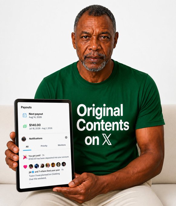 A man wearing a green shirt holds a tablet displaying payouts and notifications, with the text 'Original Contents on X' overlaid.