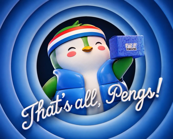 A Pudgy Penguins NFT graphic featuring a smiling penguin with a striped headband holding a 'Pudgy Penguins' box, with the text 'That's all, Pengs!' against a blue swirling background.