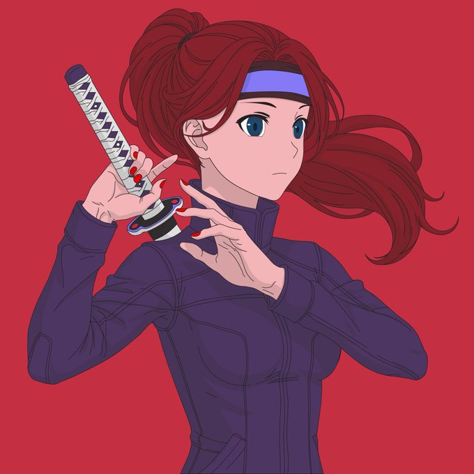 An anime-style illustration of a young woman with red hair in a ponytail, wearing a purple headband and a dark purple zip-up jacket, holding a katana sheath while looking to the side against a red background.