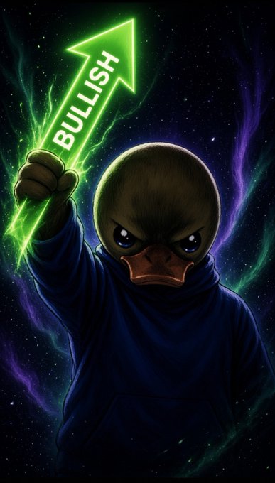 A digital illustration features an angry duck character in a blue hoodie pointing a glowing green arrow upward labeled 'BULLISH' against a dark, starry background.