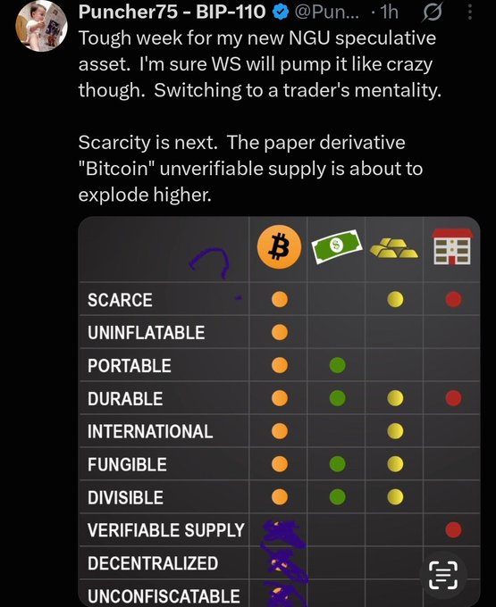 A screenshot of a tweet from Puncher75 (BIP-110) discussing a new NGU speculative asset and Bitcoin scarcity, accompanied by an emoji comparison chart evaluating Bitcoin, cash, gold, and a calendar across attributes like scarce, uninflatable, portable, durable, international, fungible, divisible, verifiable supply, and decentralized.