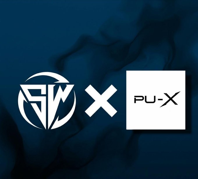 The image features a collaboration announcement graphic with the "SW" (Solidity Wizards) logo on the left and the "PU-X" (ParallelUniX) logo on the right, separated by a multiplication "×" symbol, set against a dark blue smoke background. This visually represents the collaboration between the two projects mentioned in the post.