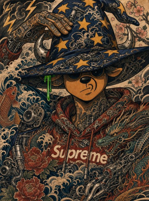 A detailed Japanese-style illustration featuring a teddy bear wearing a star-patterned wizard hat, surrounded by waves, flowers, and a dragon, with the word "Supreme" displayed on its red hoodie.